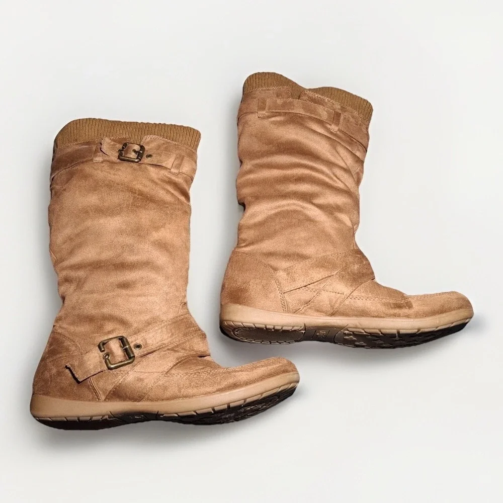 Zigi Soho Marilyn Tan Slouchy Mid Calf Boots Womens 9 Ribbed Knit Buckle Straps
